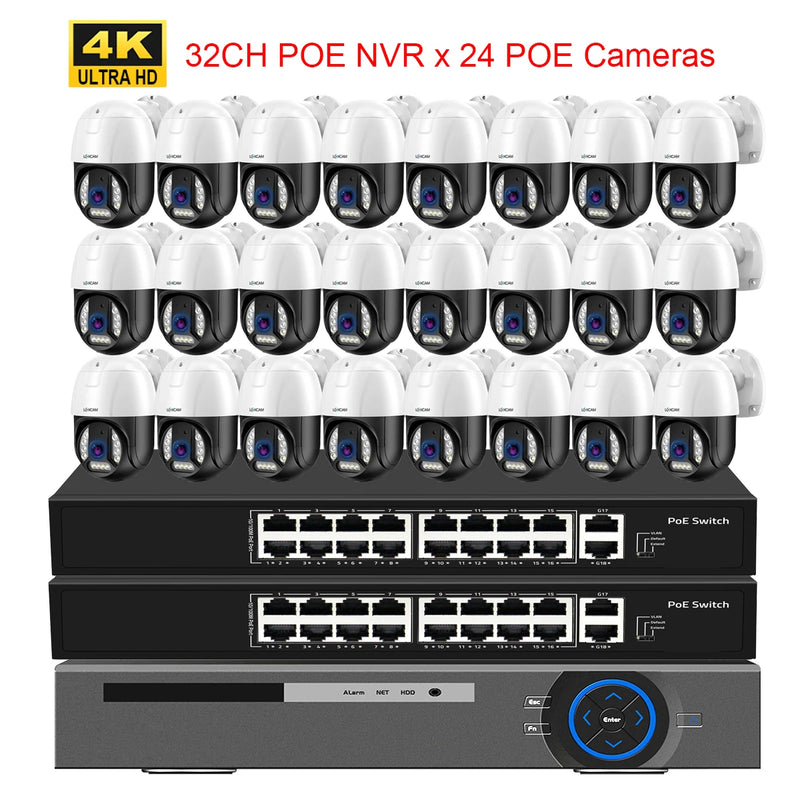 XMEYE 32CH Security Camera System 4K POE NVR Set Outdoor POE IP PTZ Camera Face Detection Two Way Audio Video Surveillance Kit