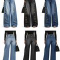 Women High Waist Wide Leg Jeans, Side Cutout Eyelet Rivet Denim Pants Loose Fit Hollow Out Flared Trousers Streetwear Fashion Baggy Jeans with Pockets
