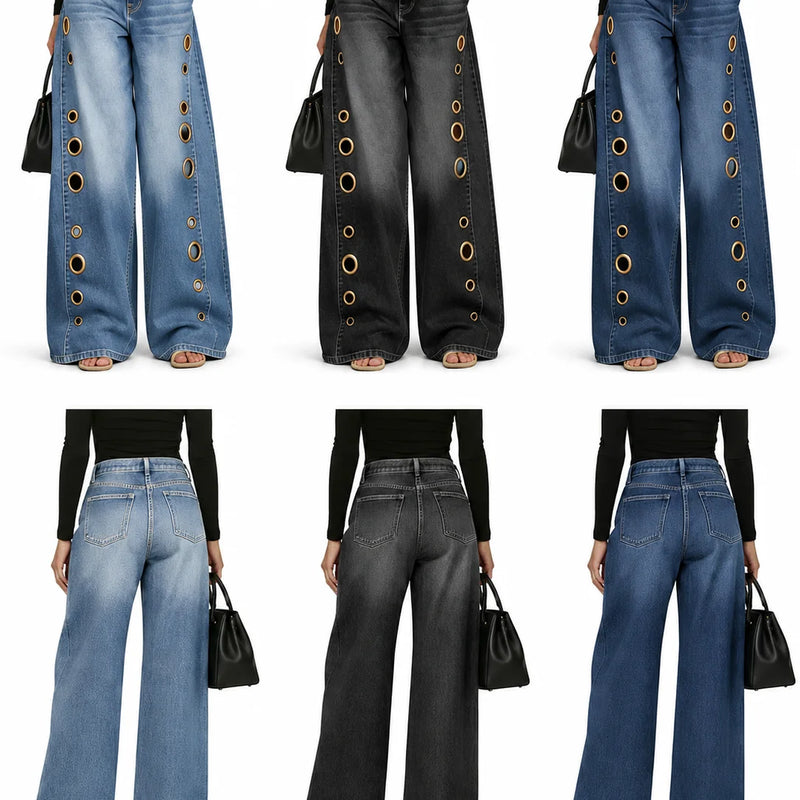 Women High Waist Wide Leg Jeans, Side Cutout Eyelet Rivet Denim Pants Loose Fit Hollow Out Flared Trousers Streetwear Fashion Baggy Jeans with Pockets