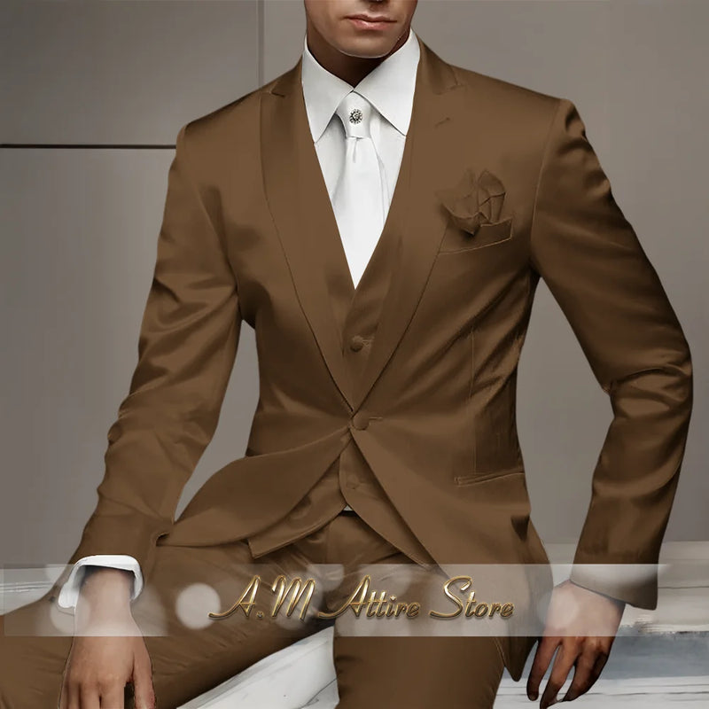 Men's Wedding Party Suits 3 Piece White Satin Mikado Jacket Vest Pants Set for Summer Banquet Party Father Gift Tailored Fit