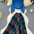 SINGREINY Fashion Spring Knitted Two Pieces Sets Women Loose Pullovers+Plaid A Line Long Skirt High Street Print Casual Suits