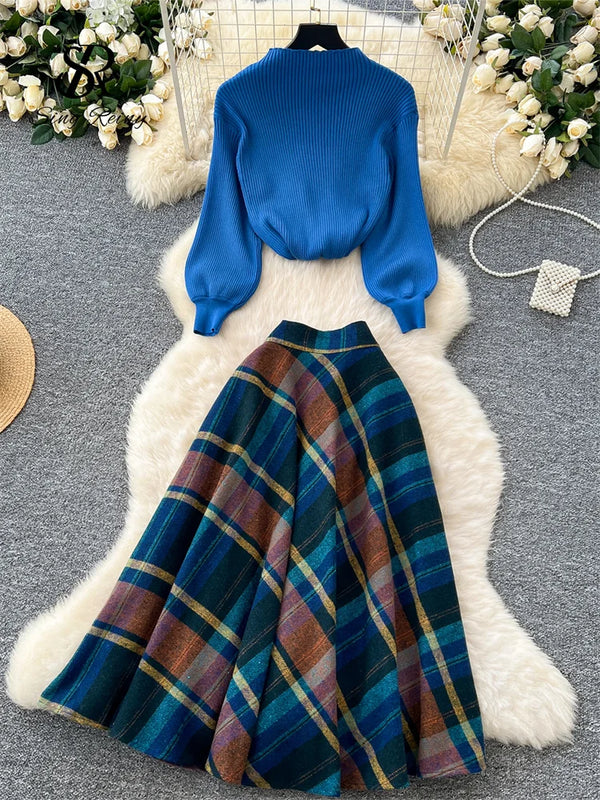 SINGREINY Fashion Spring Knitted Two Pieces Sets Women Loose Pullovers+Plaid A Line Long Skirt High Street Print Casual Suits