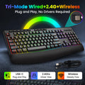 FocusOnPC K787 2.4G Tri-Mode Wireless Gaming Keyboard, 104 Keys RGB Backlit, Ergonomic USB-C Plug-and-Play Keyboard, 1900mAh Battery, Auto Sleep & Low Battery Alert, Silent Typing for Game