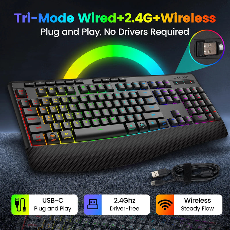 FocusOnPC K787 2.4G Tri-Mode Wireless Gaming Keyboard, 104 Keys RGB Backlit, Ergonomic USB-C Plug-and-Play Keyboard, 1900mAh Battery, Auto Sleep & Low Battery Alert, Silent Typing for Game