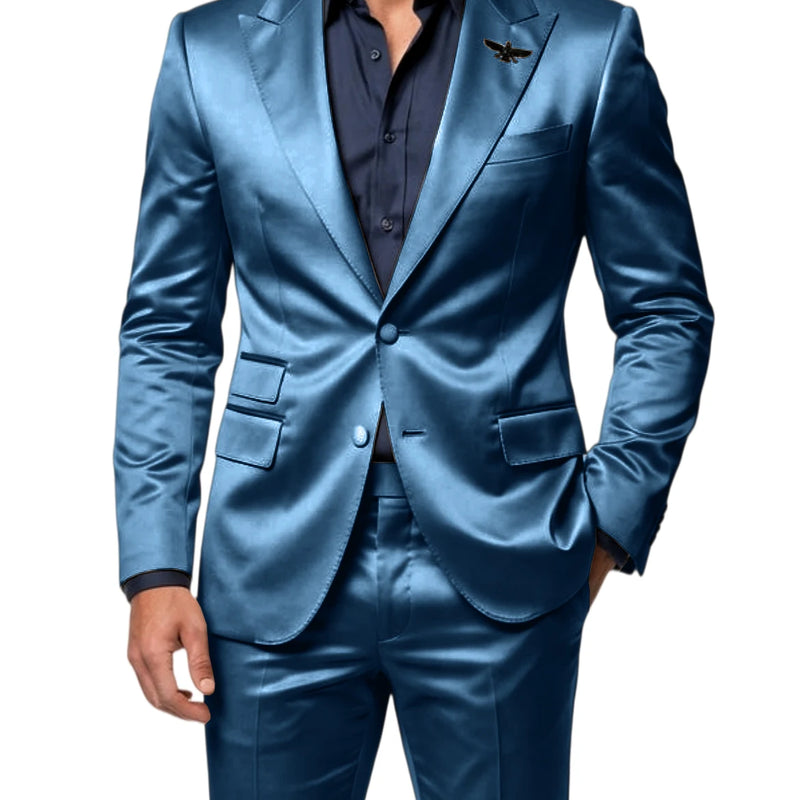 Men's Satin 2 - Piece Suit Set Slim Fit Peak Lapel Tuxedo Blazer With Straight Leg Pants For Wedding Party - View 15 | SAMAG