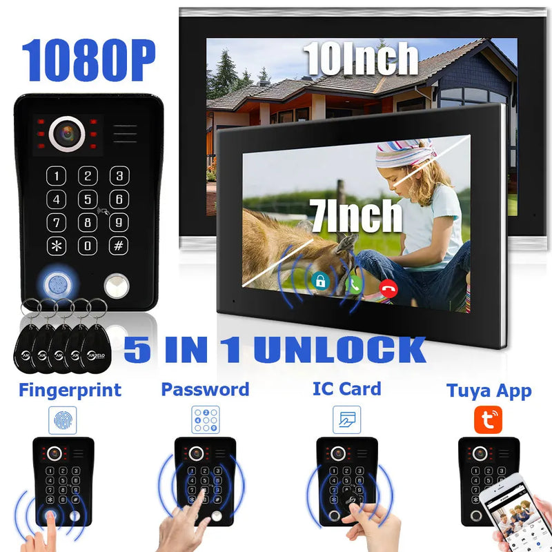 Anjielo Fingerprint 5in1 Unlock Doorbell Video Intercom for Home 10inch Touch Screen 1080P Tuya Smart Video Doorphone 4 Monitor