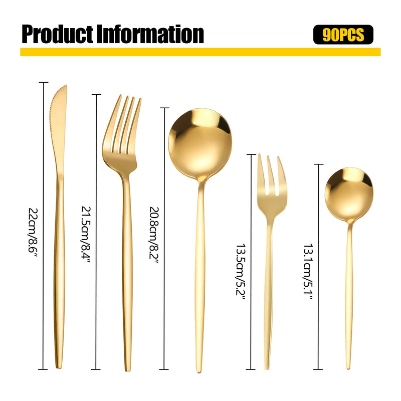 90Pcs Gold Stainless Steel Silverware - Heavy Duty Cutlery, 420 Stainless Steel Tableware Set for Wedding, Buffets, Restaurants