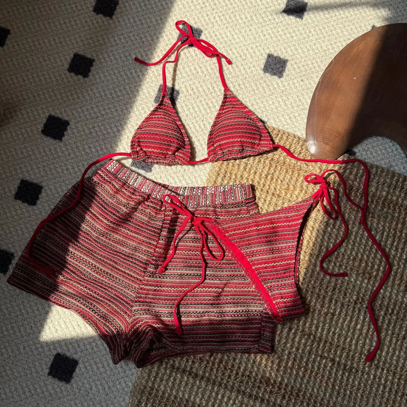 Sexy Knitted Striped Halter Tie Bikinis Sets Three Pieces | SAMAG