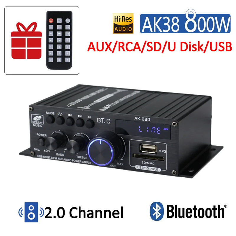 AK380/370/350 800W 12V HiFi Power Amplifier Home Karaoke Car Audio Power Amplifier Stereo BASS Speaker Class D Home Sound Amp
