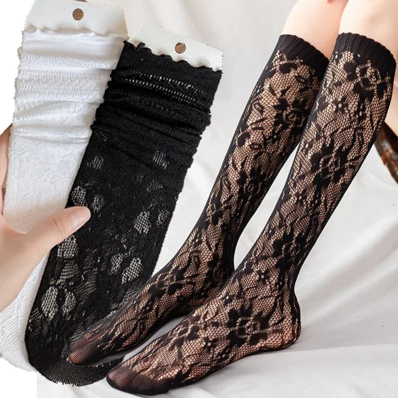Lace Flower Print Long Socks Lingerie Sexy Floral Mesh High Knee Sock Women Summer Thin Transparent Lolita Kawaii Calf Stockings