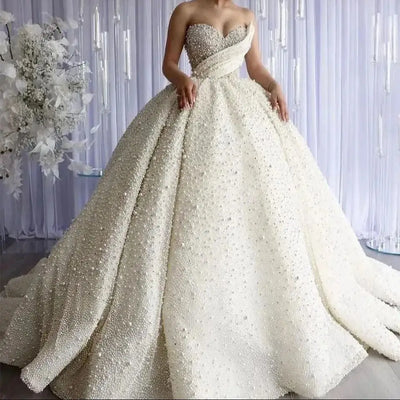 Dubai Luxury Pearls Beading Sweetheart Ball Gown Wedding | SAMAG