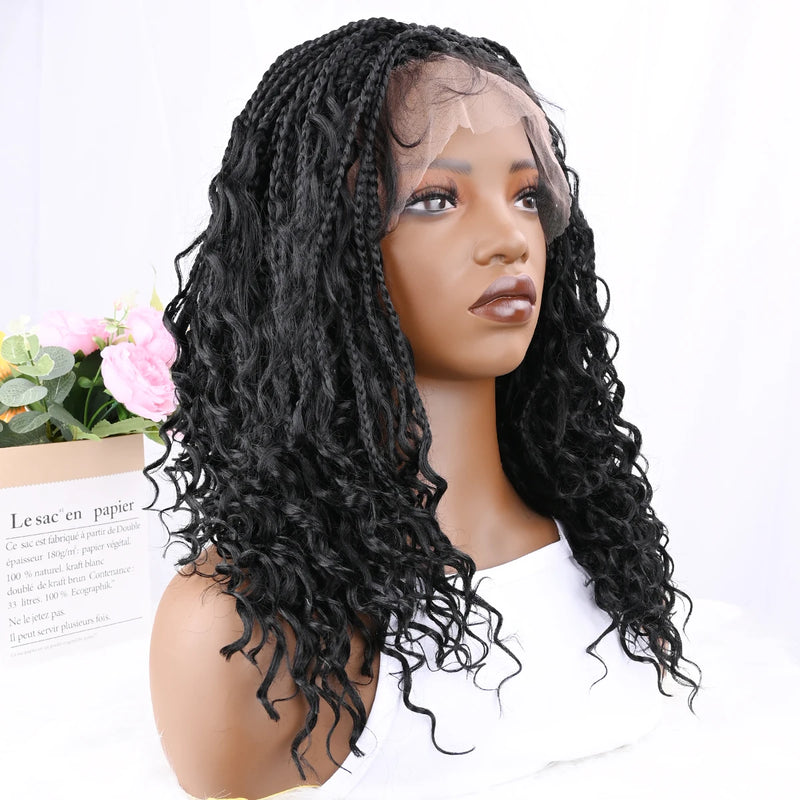 Short Boho Bohemian Box Braids Braided Wig Full Lace Boho Braided Wigs Synthetic Curly Hair with Baby Hair for Black Women