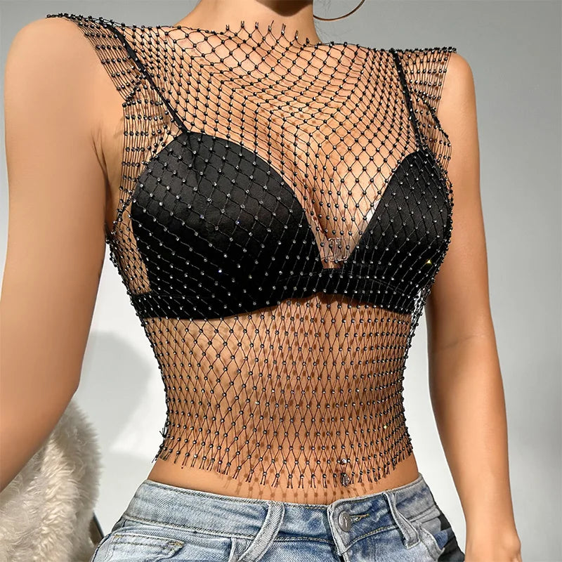 Summer Mesh See Through Vest for Women Sexy Shiny Rhinestone Fishnet Hollow Out Crop Top Beach Cover Up Party Club Tank Tops
