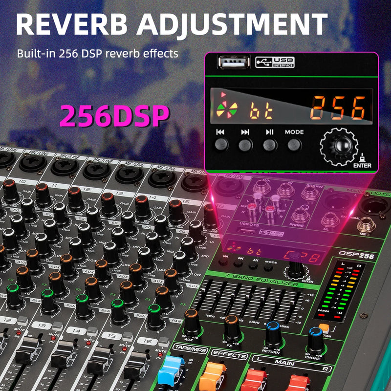 6/8/12/16 Channels Audio Sound Mixer Depusheng Mixing DJ Console USB 48V Phantom Power 256 DSP Effects Sound Table for Stage