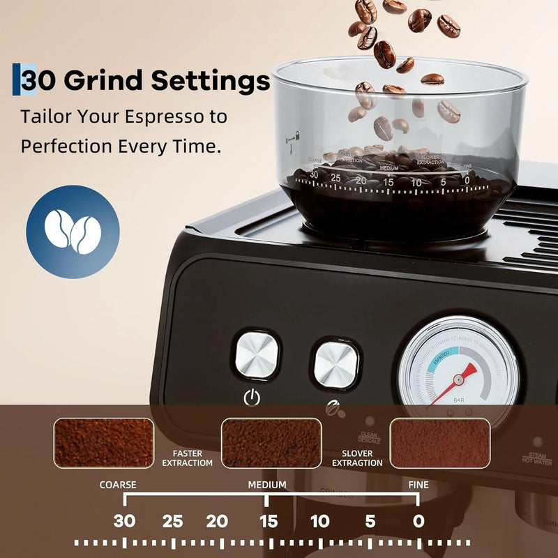 Stainless Steel Espresso Machine with Grinder 20 Bar ＆ 2.8l Removable Tank