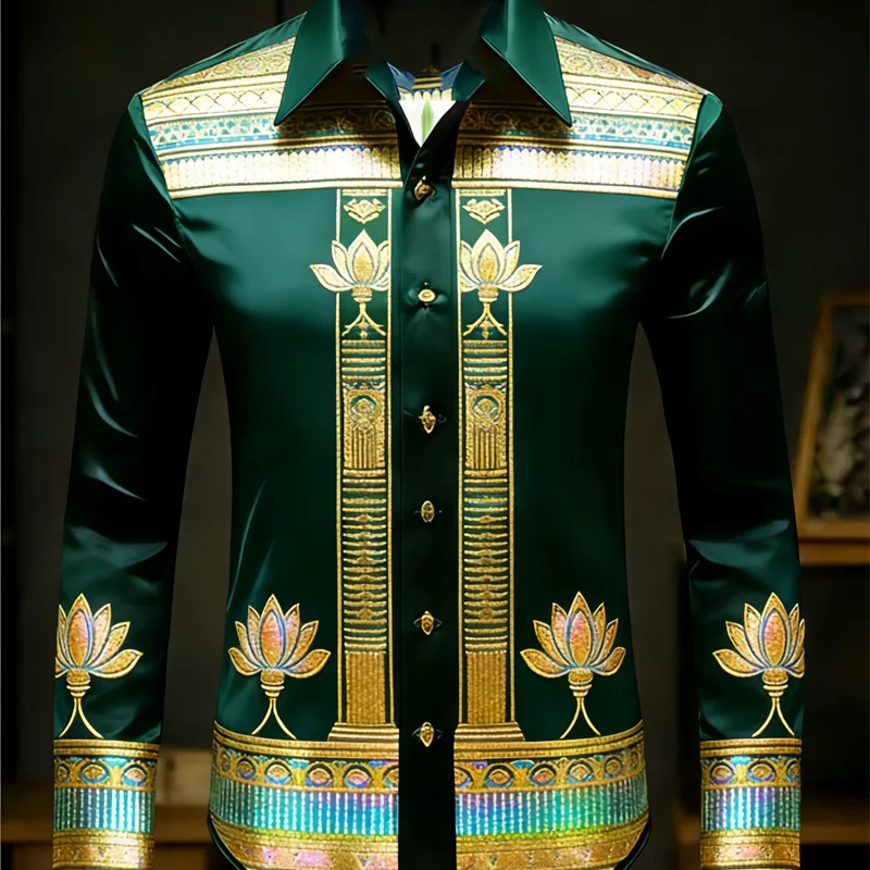 New men's long sleeved shirt with gold lotus 3D printed | SAMAG
