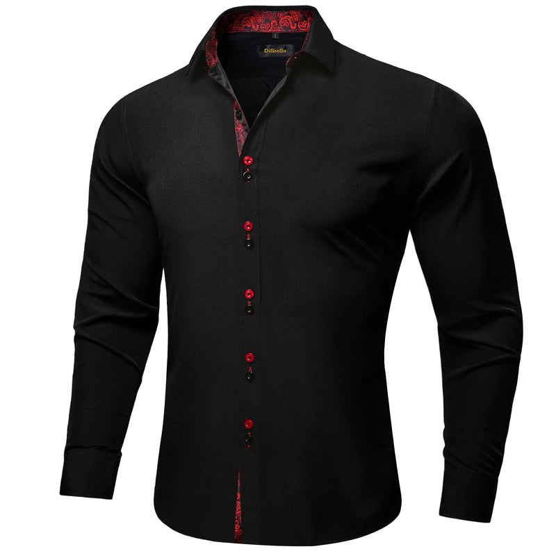 DiBanGu Men Shirt Long Sleeve Black Solid Red Paisley | SAMAG