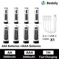 AA AAA Battery 1.5V 5800mAh and 3600mAh Lithium Rechargeable Batteries Fast Charging Li-ion Battery 2000 Cycles Type-C Cable