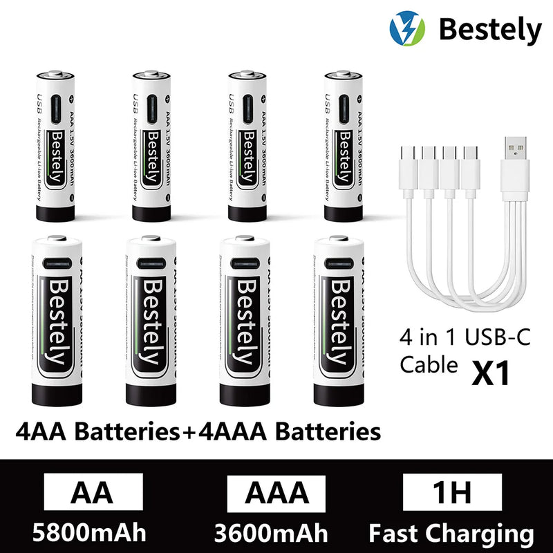 AA AAA Battery 1.5V 5800mAh and 3600mAh Lithium Rechargeable Batteries Fast Charging Li-ion Battery 2000 Cycles Type-C Cable