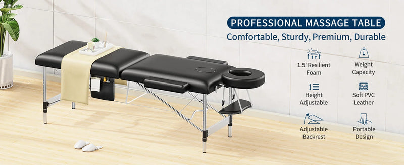 Massage Table Portable, 2-Fold Lash Bed with Side Pocket, Adjustable Height, Sturdy Aluminum Frame, Esthetician Spa Facial