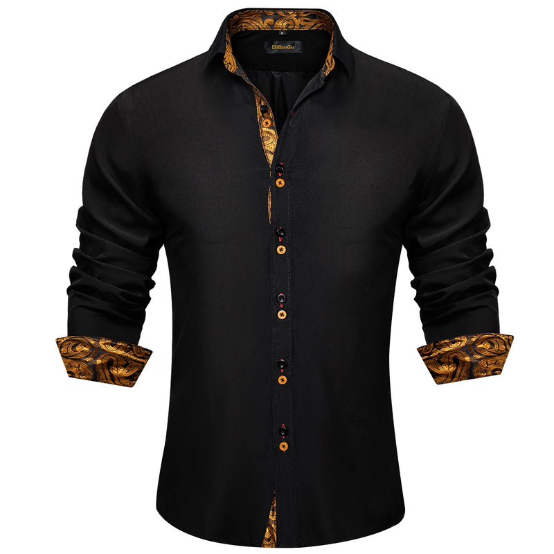 DiBanGu Men Shirt Long Sleeve Black Solid Red Paisley | SAMAG