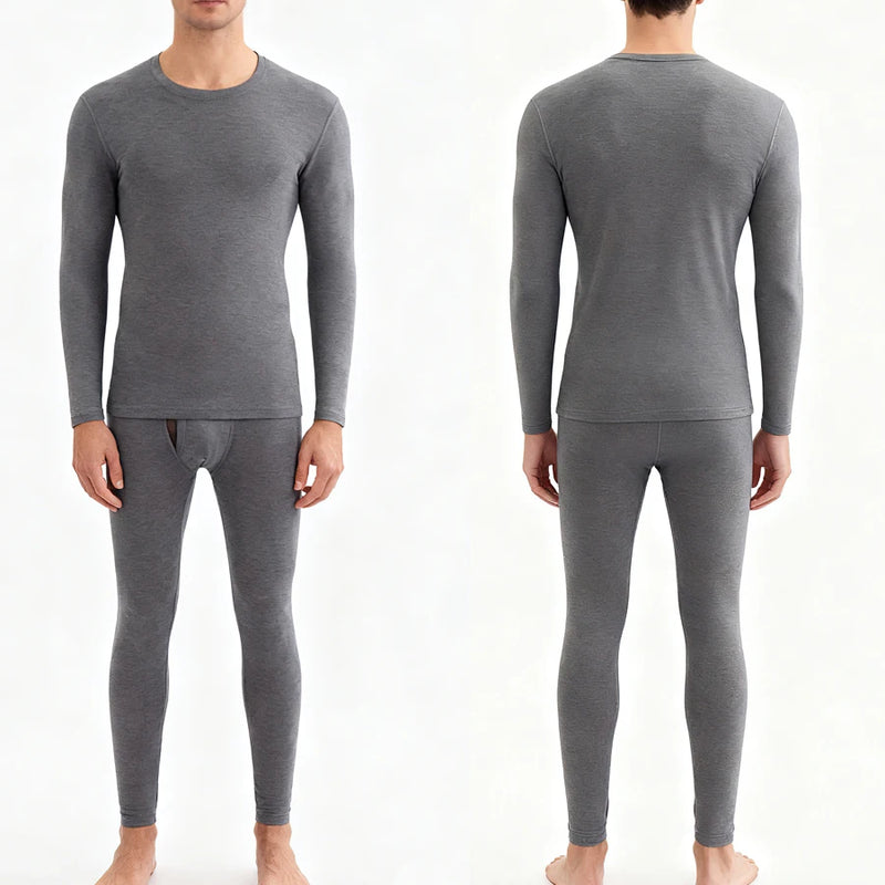 2 Pieces/Set Long Johns Thermal Underwear Men Solid Color Dralon Velvet Fabric Warm Pants Front Open Winter/Autumn Warm Suit