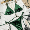 Sexy Green Satin Rhinestone Halter Tie Bikini Sets Two | SAMAG