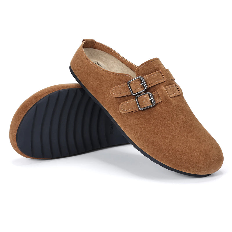 Evshine Women's Suede Clogs Slippers with Double Buckle Non-slip Beach Slides Classic Potato Shoes Comfy Soft Insole Flat Mules