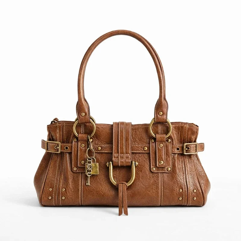 Vintage Rivet Large Capacity Commuter Tote Bag Underarm Shoulder Handbag Luxurious Studded Buckle Design Street Style Hobo Purse