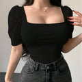 New Pure Desire Style Square Neck Puffed-sleeve Shirt For Women's Short Spicy Girl Knitted Patchwork Top