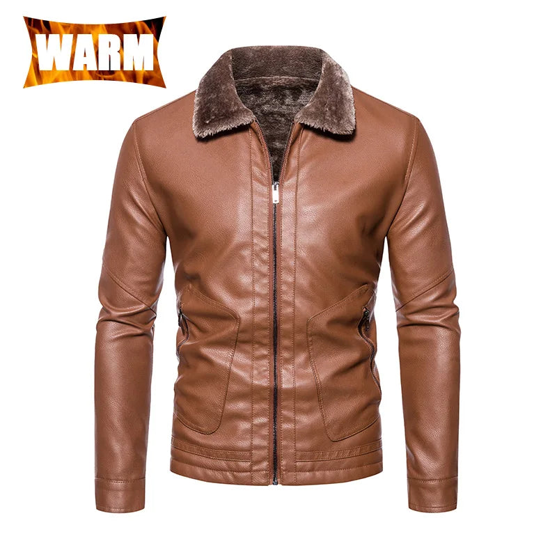 Faux Leather Men Jacket Thickened Plush Lining Warm PU Leather Jacket Business Casual Leather Jacket Winter Faux Fur Collar Coat