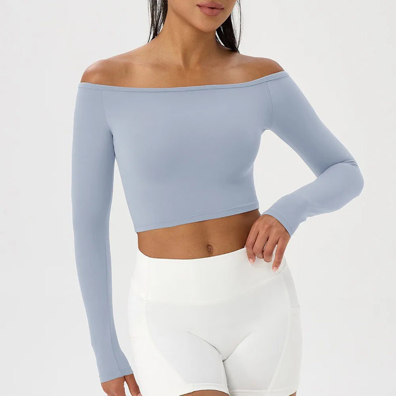 Long Sleeve Yoga T-Shirt for Women, Off Shoulder, Sexy Tight Gym Workout Top, Naked Feeling, Quick Dry Sports Activewear