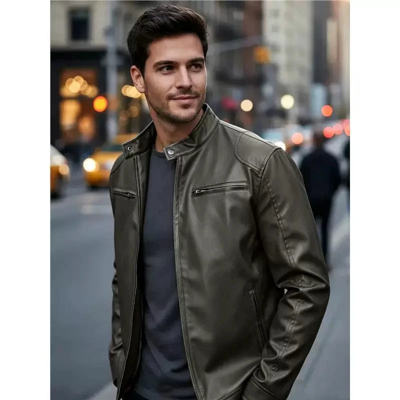 Men's PU leather jacket stand-up collar slim-fit vintage-style biker jacket spring/fall top