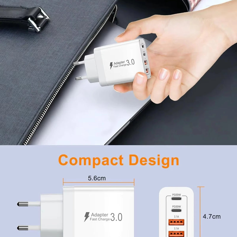 EU/UK/US/AU Wall Plug Multi-Port USB-C/USB-A Mobile Phone Charger, 40W Dual PD Fast Charging Block Adapter For iPhone Xiaomi
