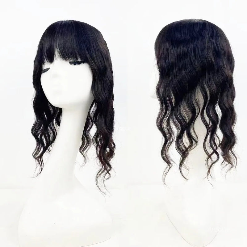 15x16cm Virgin European Human Hair Topper Hair Piece Clips in Loose Wave Silk Top Base Topper with Bangs for Thinning Hair Women