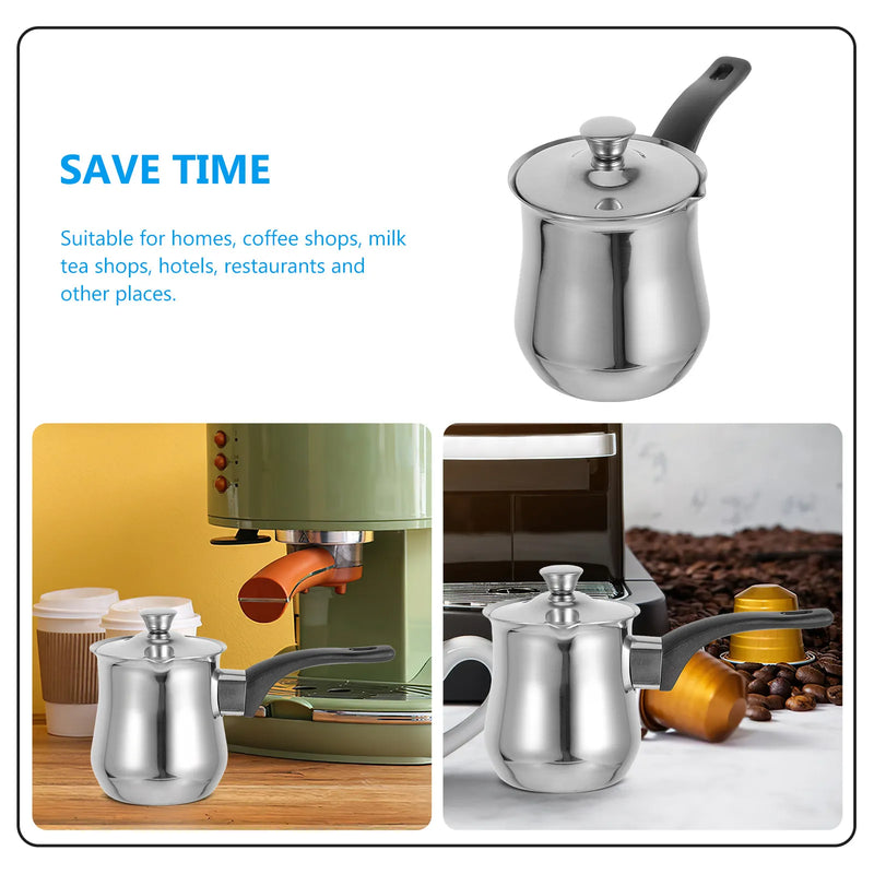 Stainless Steel Turkish Coffee Pot 360Ml Long Handle Lid Milk Warmer Pot Tea Brewing Small Sauce Pan Stovetop Induction Coffee