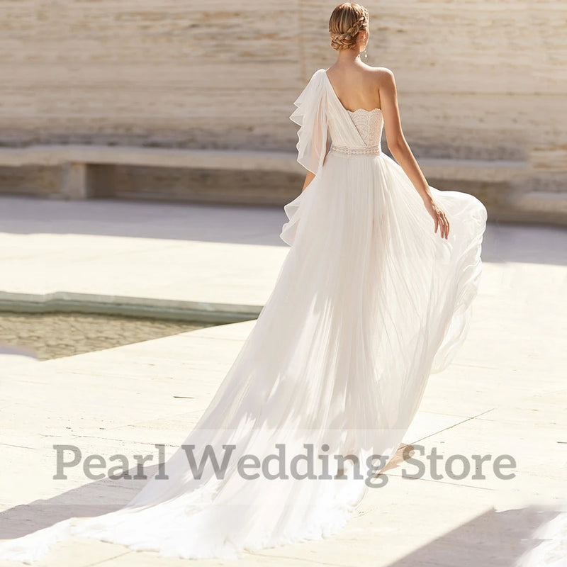 Elegant Boat Neck One Shoulder Wedding Dress Boho Chiffon - View 4 | SAMAG
