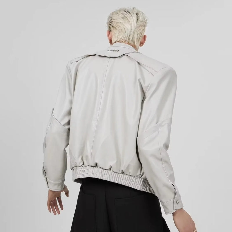 American Fashion Stand Collar Zipper Leather Jacket High Street Motorcycle Clothing Men's Casual Loose Fashionable Cardigan Top