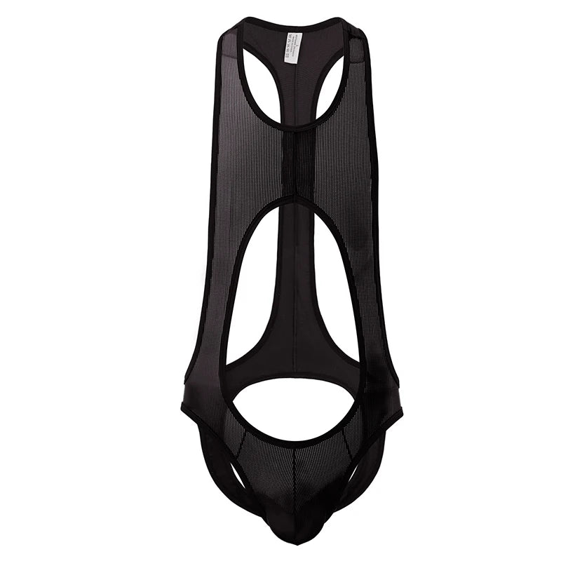 Men's Jockstrap Thongs Sheer Mesh Bodysuit Open Back Lingerie Sexy Male Underwear See Through Fetish Clubwear Teddy Panties