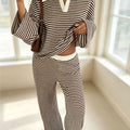 Autumn New Fashion Knitted Striped Lapel Long-sleeved Two-piece Set Slim + Casual High-waisted Wide-leg Pants 2 piece Set Female