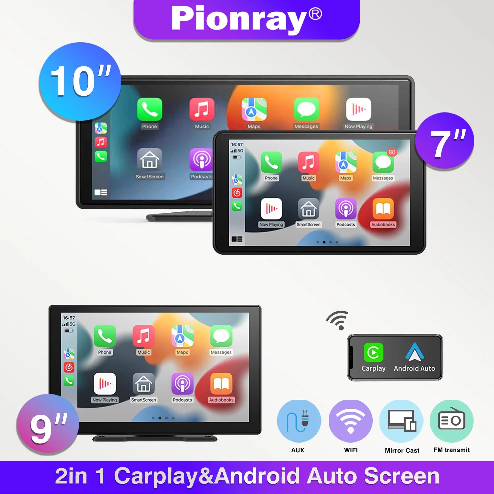 Carplay Screen for Car, 10" Portable Wireless Carplay&Android Auto, ar Stereo Audio Receivers for Car GPS Navigation Mirror Link