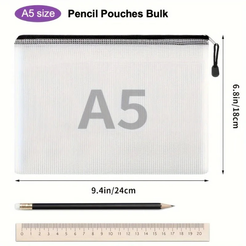 5PCS A5 Mesh Zipper File Bag Creative Student Stationery Waterproof Pen Bag Office Transparent Data Bag Bill Storage Bag