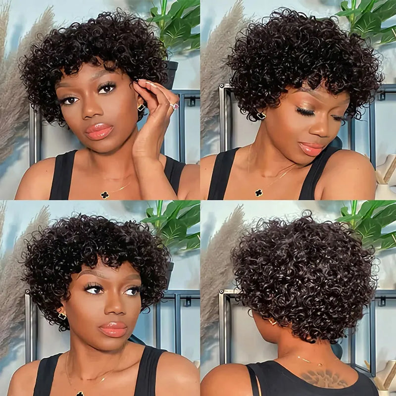 Sale Short Pixie Curly Bob Wig with Bangs Brazilian Human Hair Bouncy Curl Wig for Women Machine Made Wig Curly HumanHair Wigs