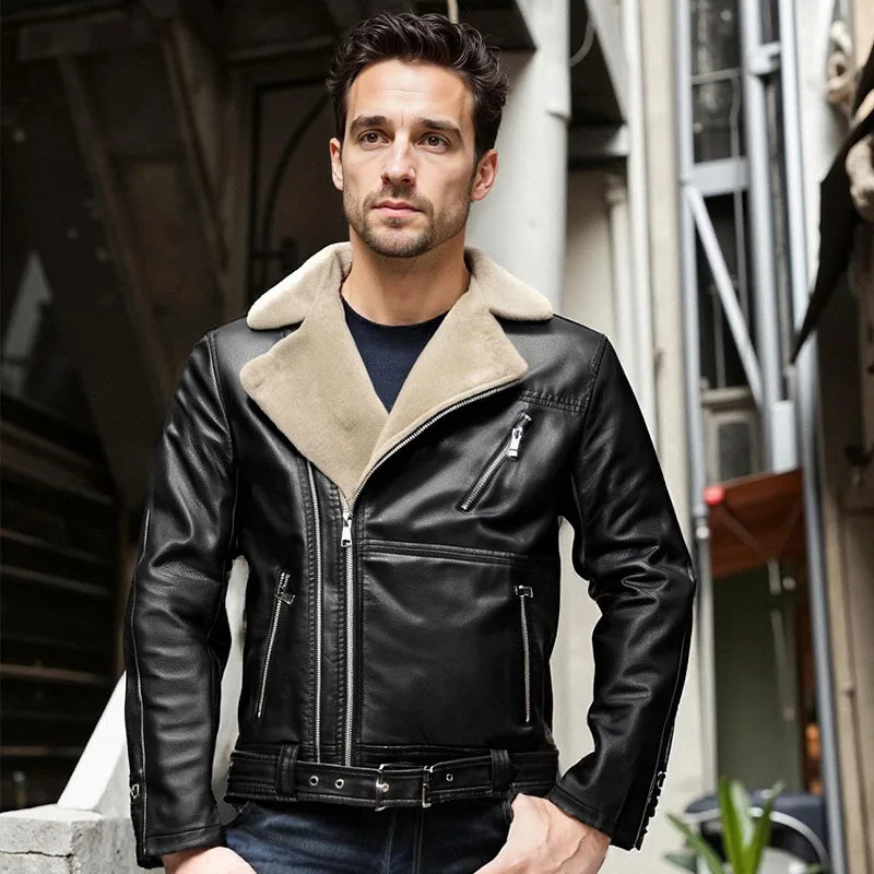 Thick-fibered fur coat for men Fur leather integrated Washed PU leather jacket for men, thick and suitable for motorcycle wear