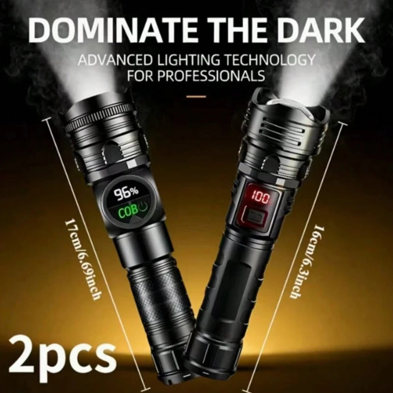 2PCS Super Bright Rechargeable LED Flashlight with COB Side Light & Digital Display, USB-C Fast Charging, Zoomable Tactical Torch for Outdoor Camping Hiking Emergency