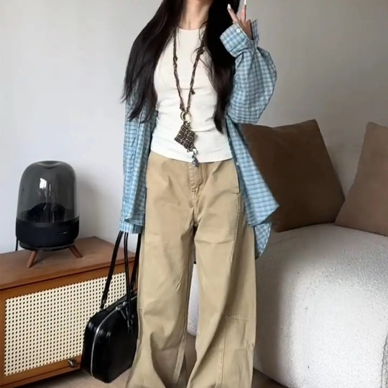 Korean Fashion Blue Plaid Blouse Women Single Breasted - View 4 | SAMAG