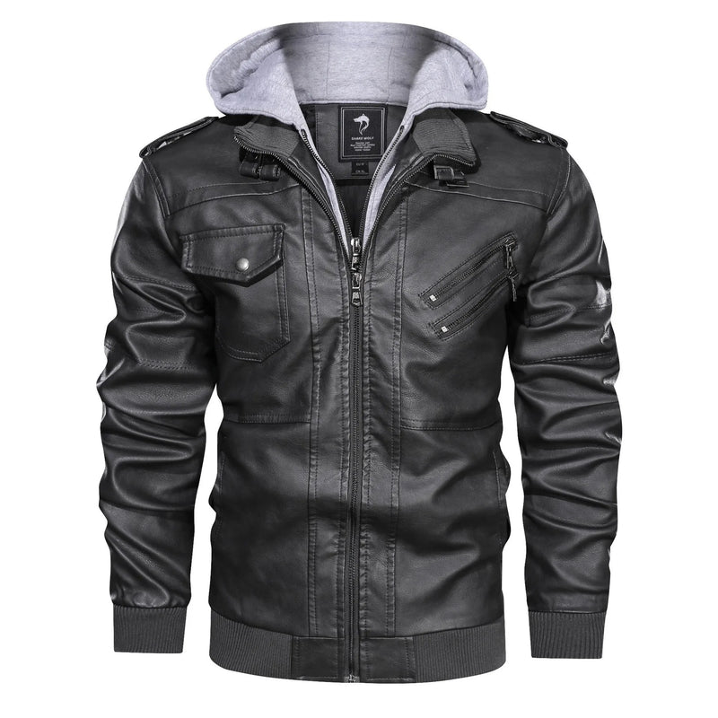 Men's Youth Hooded PU Leather Fashion Locomotive Casual Jacket Large Size Hat Removable