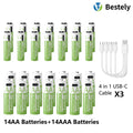1.5V AA 13600mAh + AAA 6800mAh Rechargeable Lithium Battery Set with USB-C Fast Charging Type C Cable