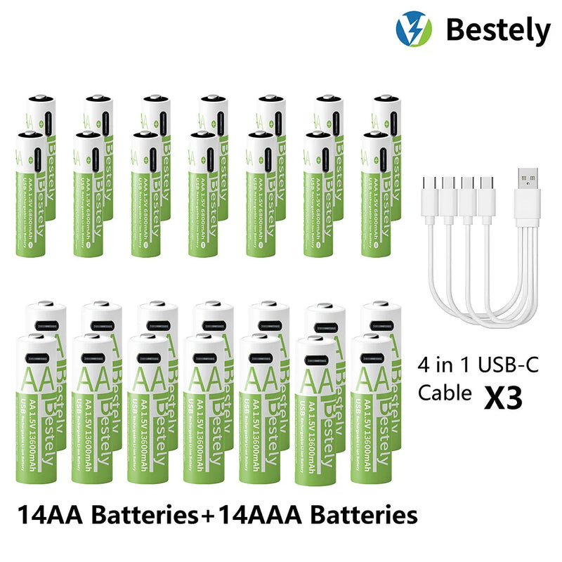 1.5V AA 13600mAh + AAA 6800mAh Rechargeable Lithium Battery Set with USB-C Fast Charging Type C Cable
