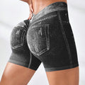 Women Seamless V Back Shorts Faux Jeans Elastic Yoga Pants Butt Lifting Leggins Fitness Athletic Workout Sports Short Tights